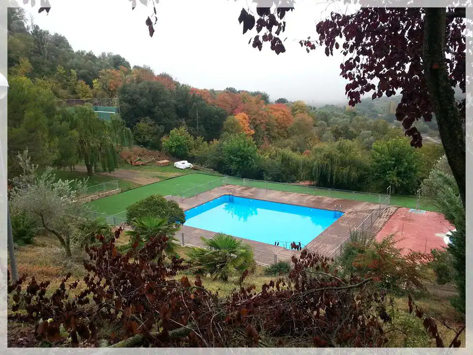 Piscina en un entorno natural rodeada de árboles y vegetación, diseñada por MTArquitectura para un e.